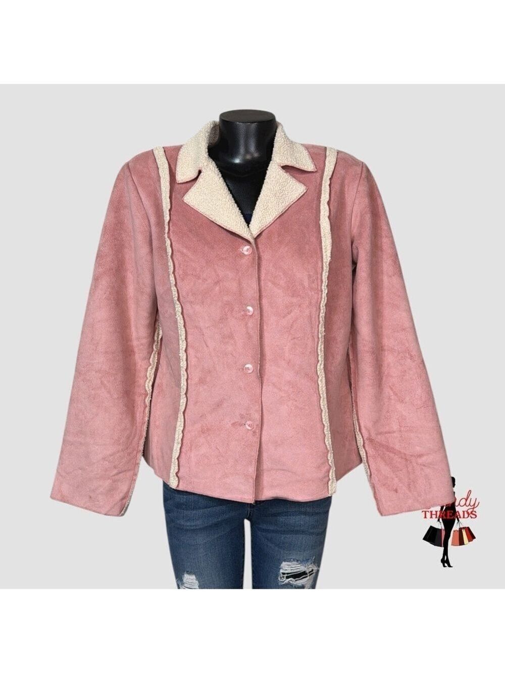 Russ Berens MEDIUM Pink Faux Suede Sherpa Lined Jacket Microfiber Button Front